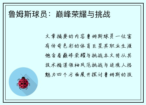 鲁姆斯球员：巅峰荣耀与挑战